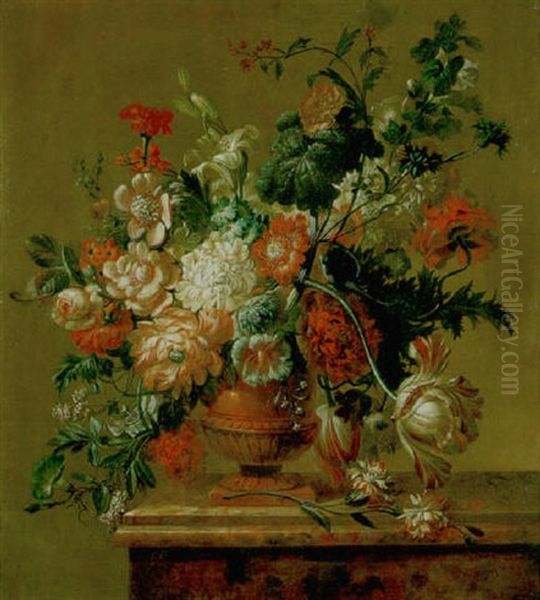 A Still Life Of Roses, Tulips, Narcissi, Hyacinths And Other Flowers In A Terracotta Vase On A Stone Ledge Oil Painting by Jan Frans Van Dael