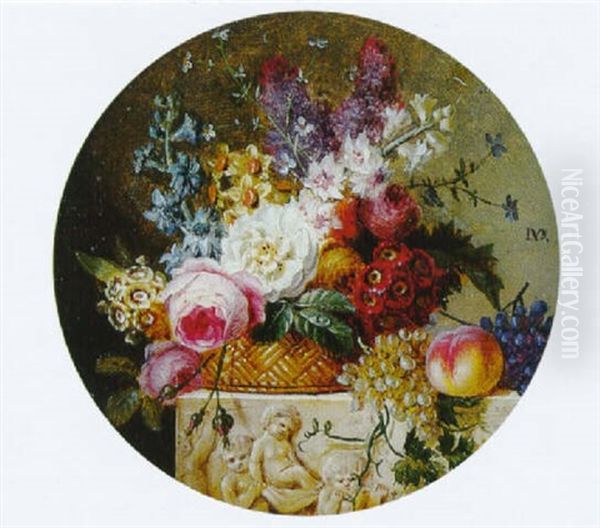 Nature Morte Au Panier De Fleurs Et De Fruits Sur Un Entablement Sculpte En Bas Relief Oil Painting by Jan Frans Van Dael