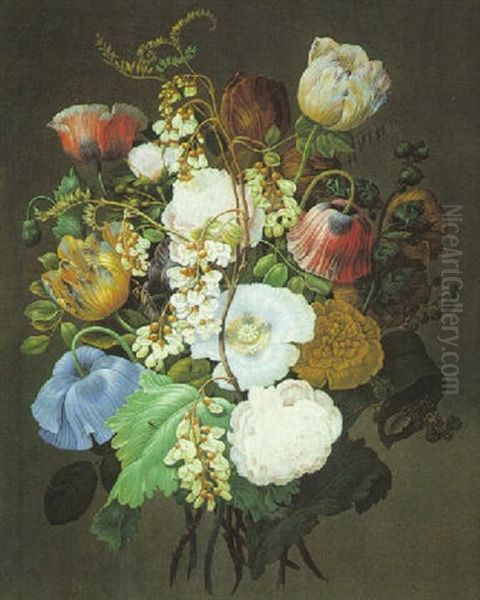 Still Life Of A Bouquet Of Tulips, Roses And Other Flowers Oil Painting by Jan Frans Van Dael