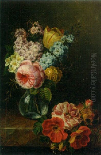 A Rose, A Tulip, Hyacinths And Primulae In A Vase With A Carnation And Poppies On A Ledge Oil Painting by Jan Frans Van Dael