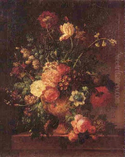 Still Life Of Flowers In A Terracotta Vase On A Stone Ledge by Jan Frans Van Dael