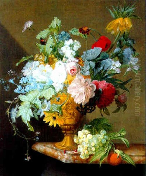 A Tulip, Carnations And Other Flowers In A Sculpted Vase With Grapes And An Orange On A Marble Ledge Oil Painting by Jan Frans Van Dael