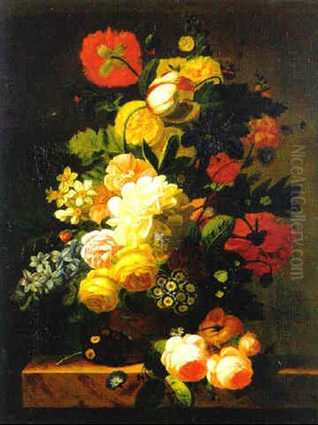 Roses, Poppies And Other Flowers In A Vase On A Stone Ledge Oil Painting by Jan Frans Van Dael