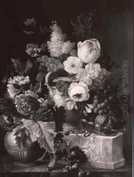 Mixed Flowers And A Bowl Of Fruit On A Ledge Oil Painting by Jan Frans Van Dael