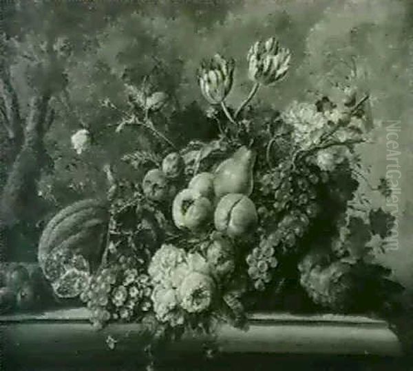 Corbeilles De Fruits Et De Fleurs Sur Un Entablement De     Pierre Oil Painting by Jan Frans Van Dael