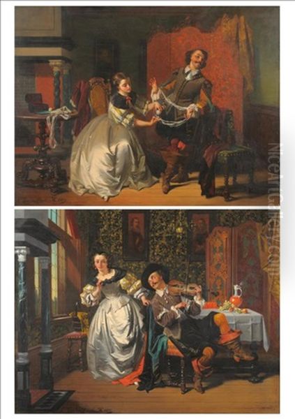 Gentleman And Lady Winding Wool In An Interior; Musical Serenade, Gentleman Playing A Violin Beside A Table (pair) Oil Painting by Casimir Van Den Daele