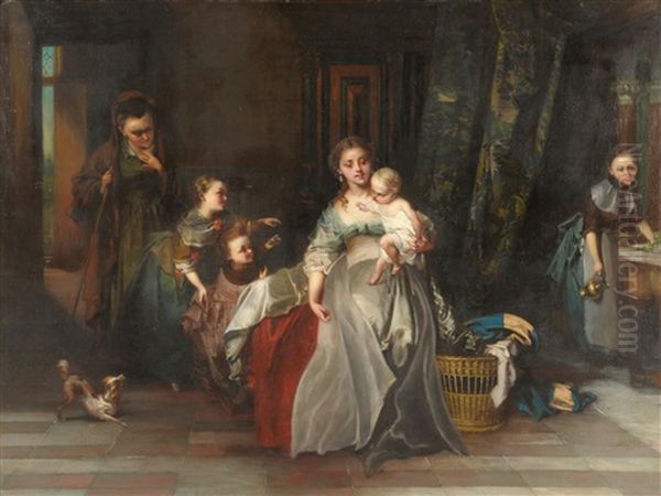 The Centre Of Attention (interior Scene With A Lady Holding A Baby, Other Children Nearby) Oil Painting by Casimir Van Den Daele