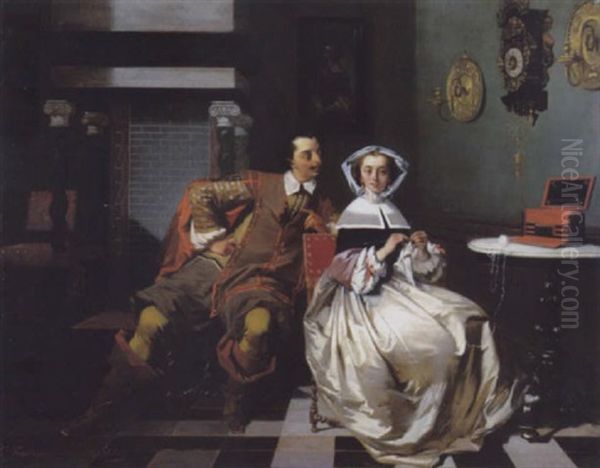 Vrouw In Gezelschap Van Een Galante Heer Oil Painting by Casimir Van Den Daele