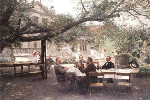 Herrengesellschaft Im Park Des Alten Dusseldorfer Malkastens Oil Painting by Eduard Daelen