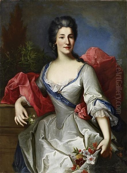 Portrat Einer Hofdame Im Seidenen Kleid Mit Blumen In Der Hand Oil Painting by Johann Rudolf Daelliker