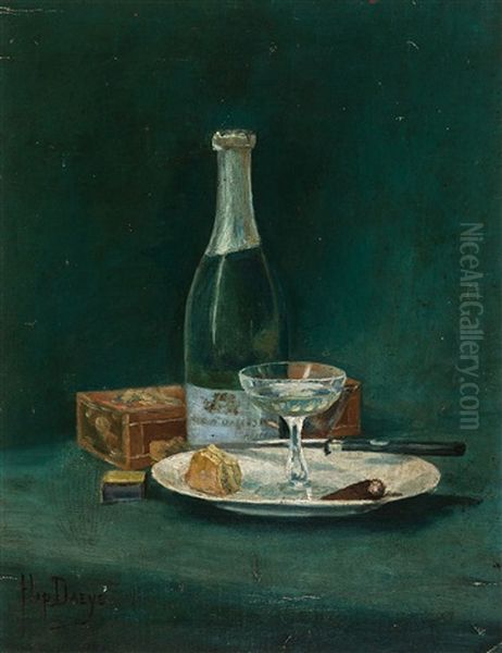 Nature Morte Avec Bouteille De Champagne - Nature Morte Avec Huitres Et Bouteille De Vin (2 Works) by Hippolyte Daeye