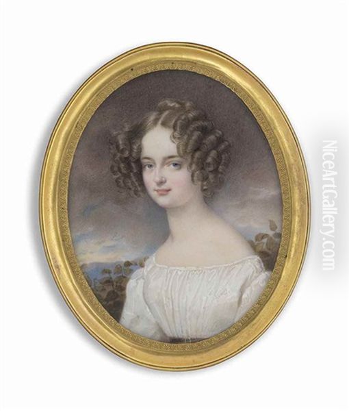 A Lady Called Countess Henrietta Hunyady Nee Princess Of Liechtenstein (1806-1886) In White Off-the-shoulder Dress With Brown Buckled Belt, Her Brown Hair In A Bun And Ringlets; Sky And Foliate Background Oil Painting by Moritz Michael Daffinger