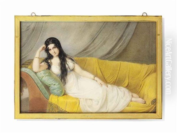 A Lady, Formerly Called The Countess Perera (pereira), In White Dress, Reclining On A Chaise Longue Draped With Yellow Cashmere Shawl, Her Right Elbow Resting On A Green Pillow Oil Painting by Moritz Michael Daffinger