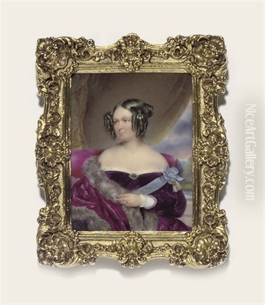 A Lady Called Baroness Von Wacquant-geozelles, In Purple Velvet Dress With White Lace Trim And Gem-set Brooch At Corsage, The Blue Sash Of A Lady's Order Oil Painting by Moritz Michael Daffinger