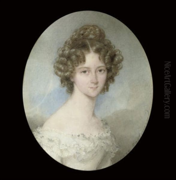 A Young Lady Called Countess Leopoldine Apponyi, In White Dress With Double Ruffle Oil Painting by Moritz Michael Daffinger