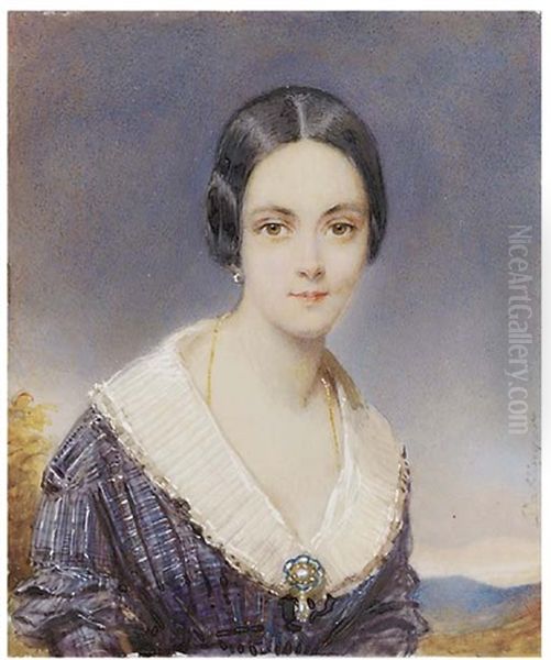 A Young Lady, In Black And Blue Striped And Checked Dress With Pleated White Collar, Gold-set Drop Pearl Pendant At Corsage, Gold Chain Necklace And Gold Hoop Earring, Centre-parted Black Hair Oil Painting by Moritz Michael Daffinger