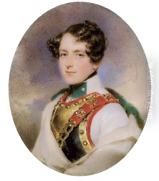 Count Maximilian O'donell, In The Uniform Of The 4th Kurassier Regiment, White Coat With Green Collar And Silver Button, Red-bordered Gilt-mounted Steel Cuirass, White Cloak With Green Collar Oil Painting by Moritz Michael Daffinger