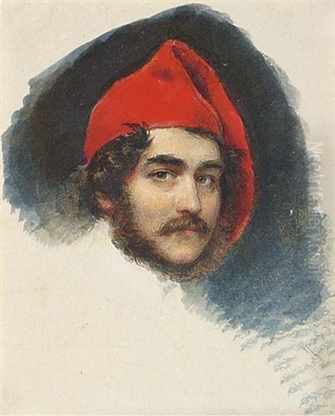 A Self-portrait Of The Artist, Red Cap In His Curling Brown Hair, Beard And Moustache Oil Painting by Moritz Michael Daffinger