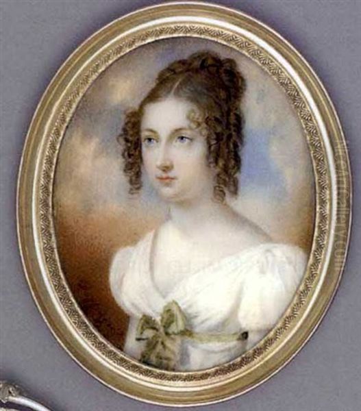 A Young Lady, In White Dress, Moss-green Sash Tied In A Bow At Corsage, Her Brown Hair Upswept And Dressed In Ringlets by Moritz Michael Daffinger