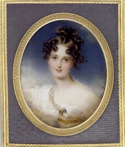 Princess Clementina Metternich As Hebe, In Loose White Dress With Yellow Sash Fastened By A Strand Of Pearls And Drop Pearl Pendant At Corsage, Her Dark Brown Hair Curled And Upswept Oil Painting by Moritz Michael Daffinger