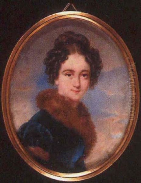 A Lady In Blue Velvet, Fur-trimmed Coat, Her Dark Brown Hair In Ringlets, Sky Background Oil Painting by Moritz Michael Daffinger