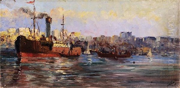 Ships In Istanbul Oil Painting by Sevket Dag