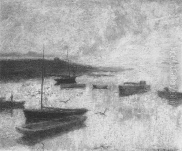 Boats In A Harbor (connecticut?) Oil Painting by Augustus Smith Daggy