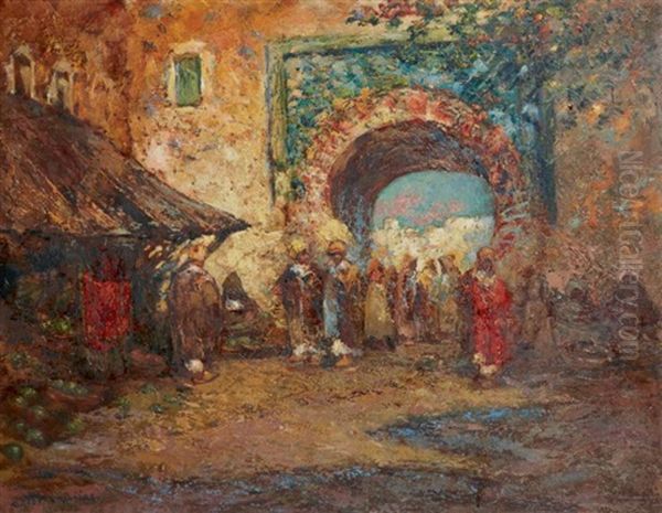 La Porte Bleue A Meknes Oil Painting by Charles Henri Gaston Dagnac-Riviere