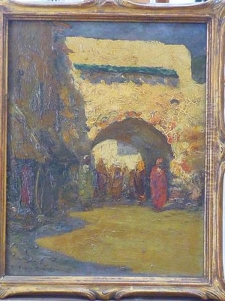 Porte Avec Bazar Oriental Et Personnages Oil Painting by Charles Henri Gaston Dagnac-Riviere