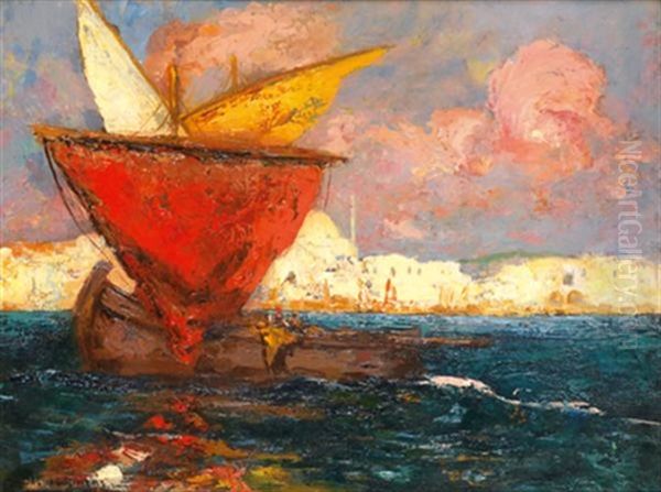 La Voile Rouge Sur Le Bosphore Oil Painting by Charles Henri Gaston Dagnac-Riviere