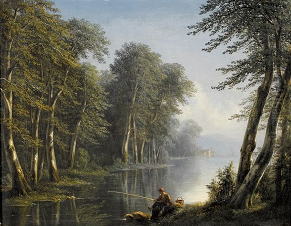 Idyllische Flusslandschaft Mit Einem Fischer Oil Painting by Isidore Dagnan