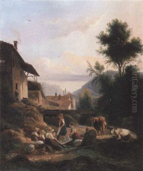 Blanchisseuses Pres D'un Ruisseau, Au Pied D'un Paysage Montagnard Oil Painting by Isidore Dagnan