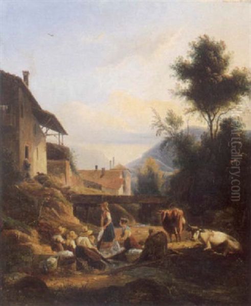 Blanchisseuse Pres D'un Ruisseau Au Pied D'un Paysage Montagnard by Isidore Dagnan