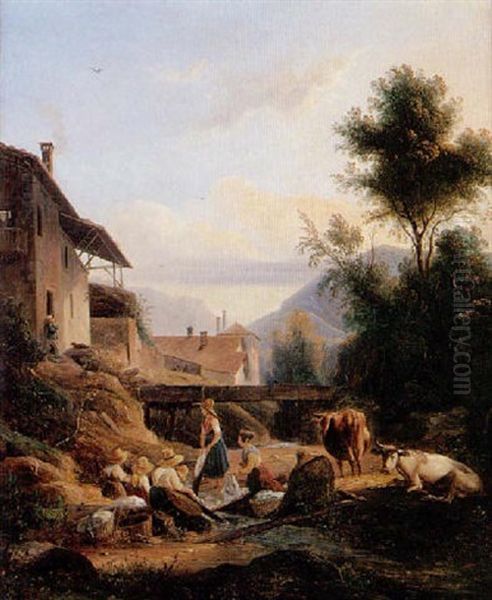 Blanchisseuses Pres D'un Ruisseau Dans Un Paysage Du Dauphine Oil Painting by Isidore Dagnan