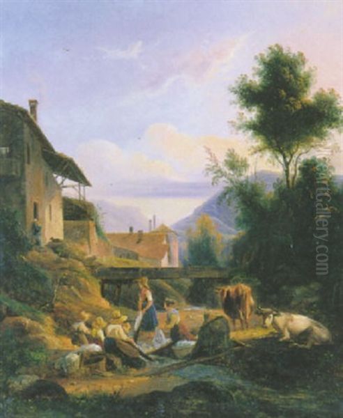 Voreppe - Les Lavandieres Oil Painting by Isidore Dagnan