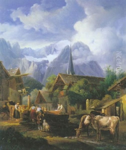 Un Village Des Alpes Suisses Anime De Personnages Et D'animaux Oil Painting by Isidore Dagnan