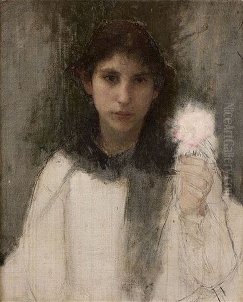 Jeune Femme A La Rose Oil Painting by Pascal Adolphe Jean Dagnan-Bouveret