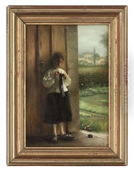 A Girl Darning In A Doorway Oil Painting by Pascal Adolphe Jean Dagnan-Bouveret