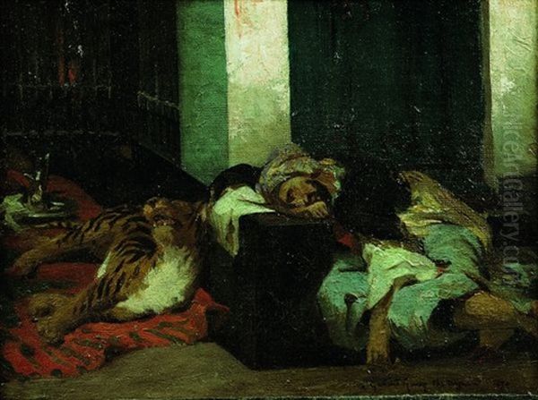 Un Oriental Endormi Pres D'un Tigre Oil Painting by Pascal Adolphe Jean Dagnan-Bouveret