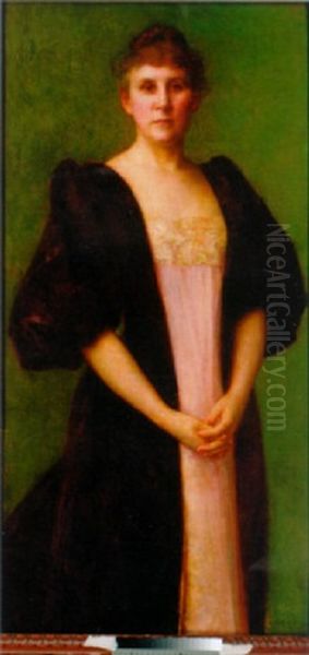 Portrait Of Mrs. Baker Wearing A Pink Silk Dress With A Black Cloak Over Her Shoulders Oil Painting by Pascal Adolphe Jean Dagnan-Bouveret