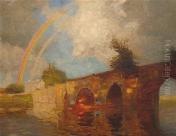 Le Vieux Pont A Mantes A L'arc En Ciel Oil Painting by Albert Marie (Adolphe) Dagnaux