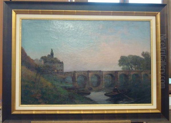 La Maison Du Passeur Sur Le Vieux Pont A Mantes Oil Painting by Albert Marie (Adolphe) Dagnaux