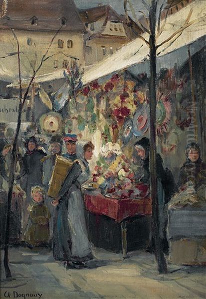 Junge Frau Vom Land Betrachtet Wehmutig Einen Putzmacherstand Auf Einem Pariser Markt Oil Painting by Albert Marie (Adolphe) Dagnaux