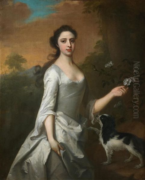 Portrait Of A Lady, Said To Be Frances Bristow, Three-quarter-length In A White Dress, With A Spaniel Alongside Her Oil Painting by Michael Dahl the Younger