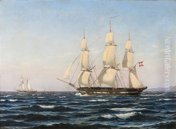 A Three-masted Sailing Ship With The Danish Flag Oil Painting by Carl Dahl