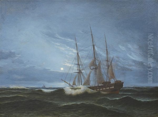 A Frigate In Moonlight Oil Painting by Carl Dahl