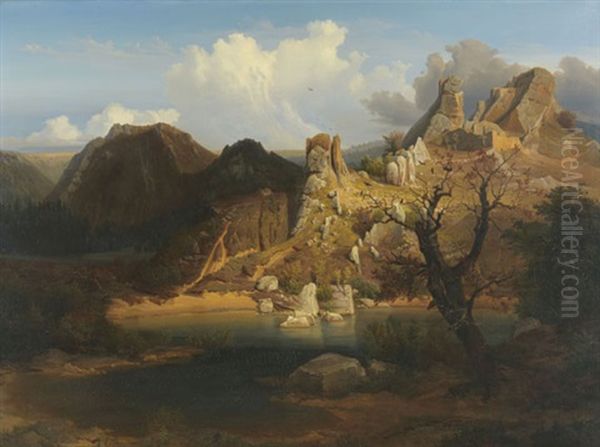 Landschaft Mit Schroffer Felsenpartie Und Bergsee Oil Painting by Carl Dahl