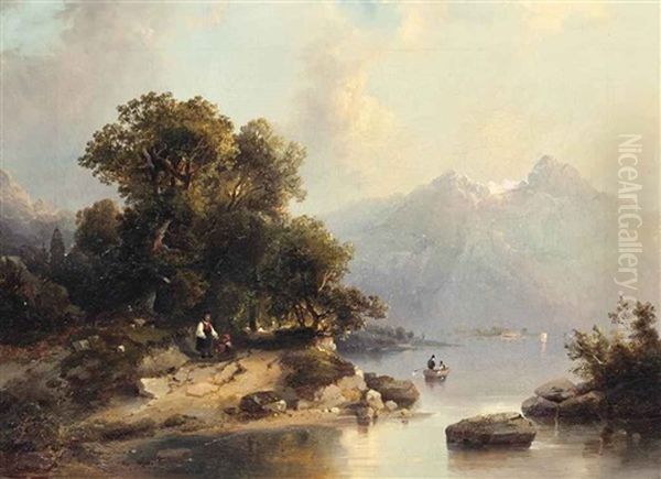 On The Banks Of A Mountain Lake Oil Painting by Carl Dahl