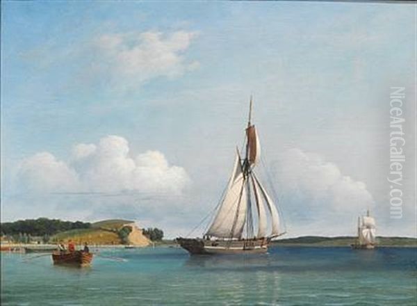 Seascape With Sailing Boats Off The Coast At Dyreborg Near Faborg Oil Painting by Carl Dahl