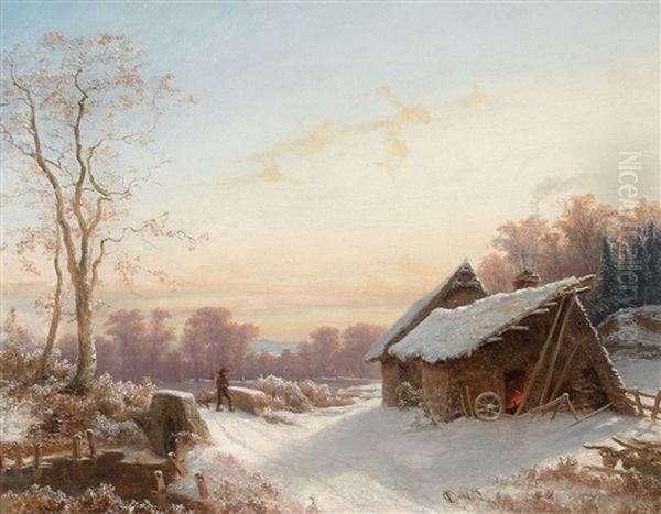 Winterlandschaft Mit Bauernhaus An Einer Brucke Oil Painting by Carl Dahl